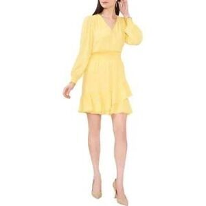 NWT $129 Vince Camuto Yellow Smocked Waist Ruffle Hem Midi Dress LS V-Neck